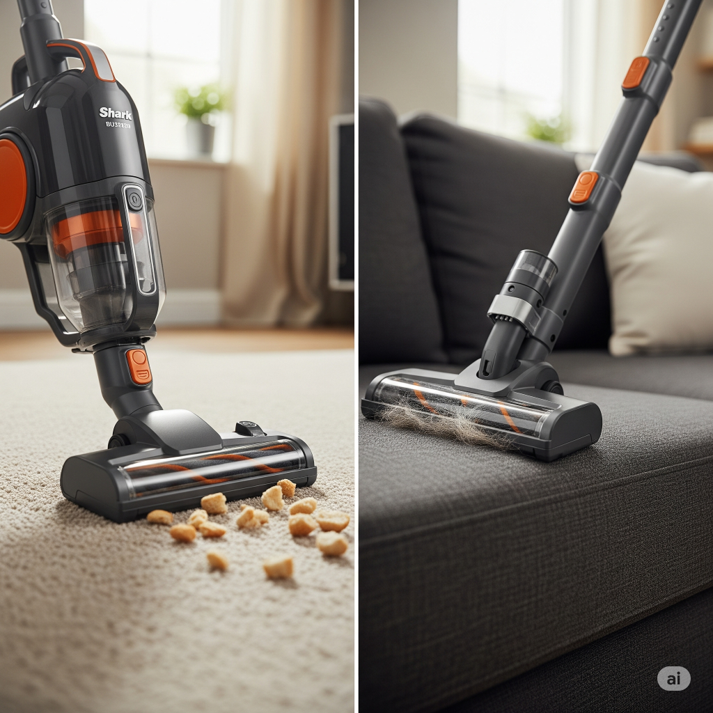 Shark BU3521EU en action, aspirant des miettes sur un tapis ou des poils d’animaux sur un canapé, pour illustrer sa polyvalence.